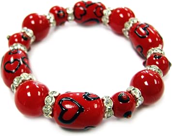 Linpeng Beaded Bracelet -13x17mm Hand Painted Hearts Red Glass Beads Stretch Bracelet for Women/Girls- Length 7.25" Pouch