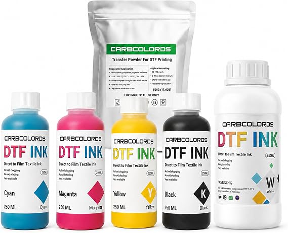 DTF Ink Conversion Kit for A4 & A3 Inkjet DTF Printers, CMYK 250ml Inks + 500ml White Ink + 500g Powder, Heat Transfer Supplies for Dark & Light Fabrics