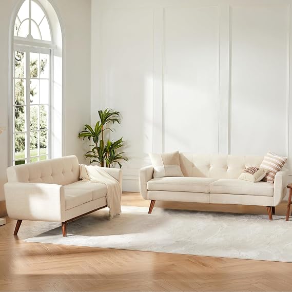 Kingfun Loveseat and Sofa Sets, Mid Century Modern Linen Love Seat Couches for Living Room, Button Tufted Upholstered Furniture, Easy to Install Small
