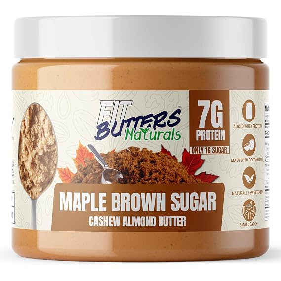 Fit Butters High Protein Naturally Sweetened Cashew Almond Butter - Added Protein and Coconut Oil, Low Sugar, Complete Protein Dessert Flavored Natural Nut Butter (Maple Brown Sugar)