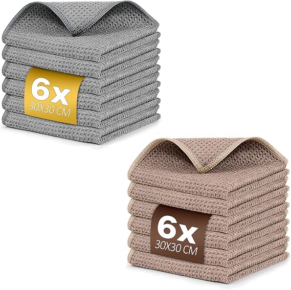 Waffle Weave Microfiber Cleaning Cloth for Dusting Grey Pack of 6 and Waffle Weave Microfiber Cleaning Cloth for Dusting Khaki Pack of 6