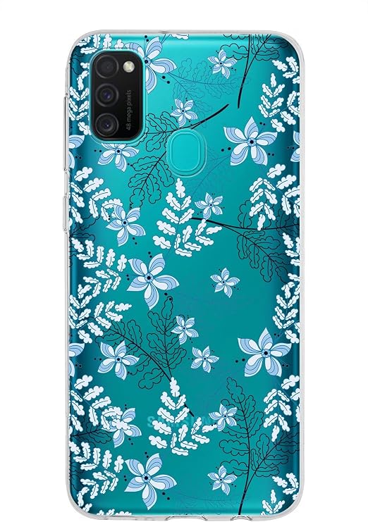 PrintiFy Samsung Galaxy M21 ile Uyumlu Kapak Floral Mavi Tasarımlı 1mm Fit Şeffaf Silikon Kılıf