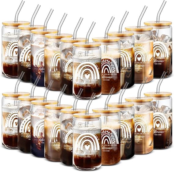 Uiifan 20 Pcs Employee Appreciation Gifts Glass Cups with Lids Straws 16 Oz
