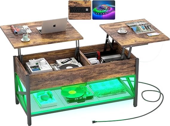 Aheaplus Coffee Table with LED Light and Power Outlet, Modern Lift-Top Center Table with Storage Shelf, for Living Room with Lift Tabletop, X Support Metal Frame, Rustic Brown