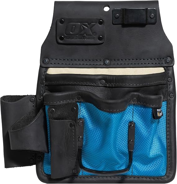 OX 10-Pocket Leather & Nylon Drywall Tool Pouch with Kevlar | Top-grain leather + 1680D ballistic nylon - hammer holder, tape holder - fits 2 to 3 in work belts