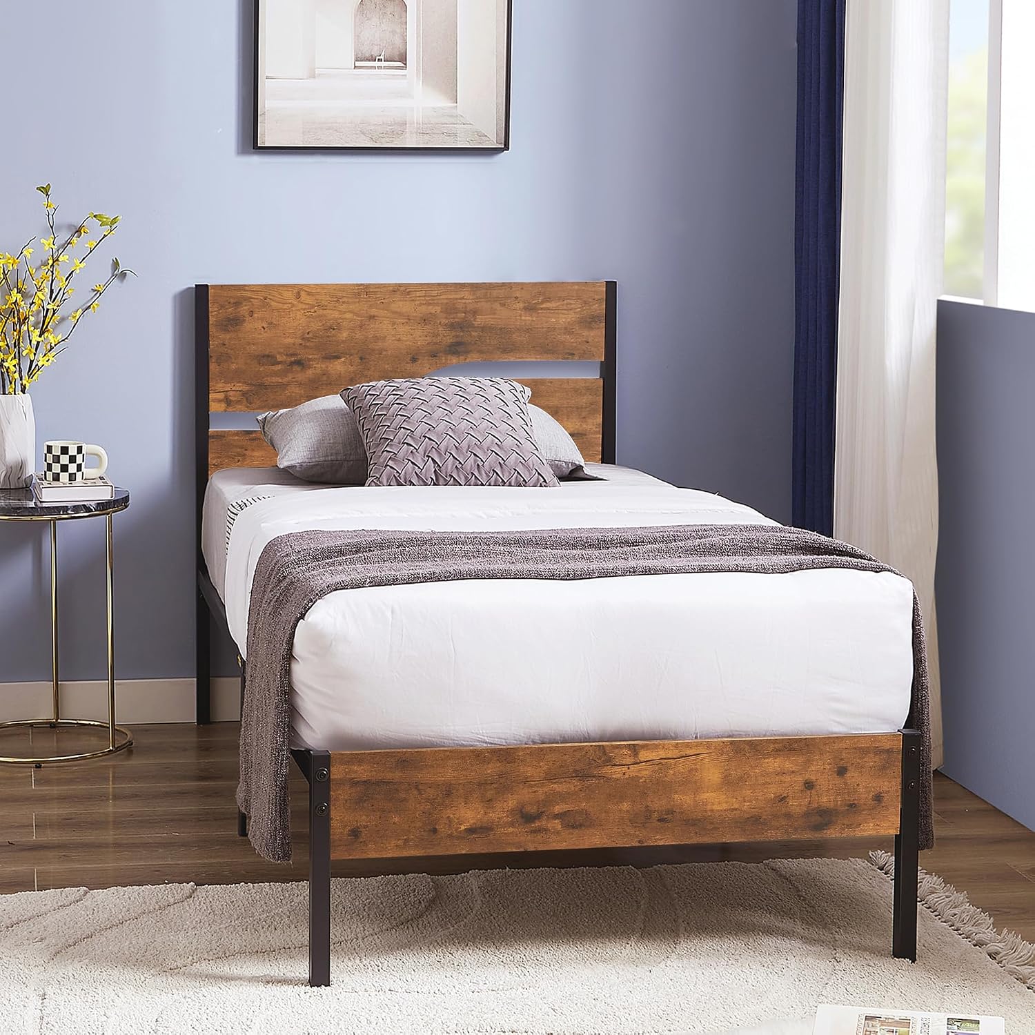 VECELO Platform Bed Frame Twin Size Rustic Vintage Wood Headboard Mattress Foundation Strong Metal Slat Support No Box Spring Required