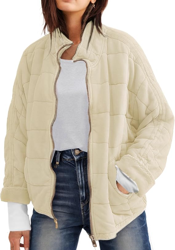 Womens Dolman Quilted Lightweight Jackets Full-zip Stand Collar Loose Warm Winter Outwears with Pockets(0003-Beige-L)