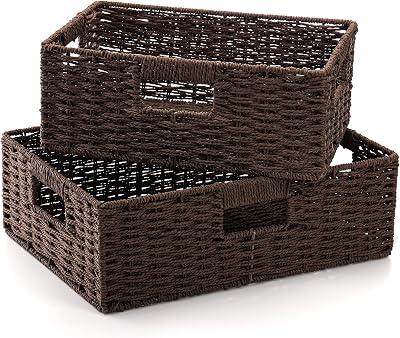 TOPZEA 2 Pack Brown Wicker Storage Basket for Shelves, Hand Woven Paper Rope Shelf Basket, Pantry Organization Baskets with Handle, Decorative Closet Organizer Bins for Kitchen, Bathroom, Coffee Bar