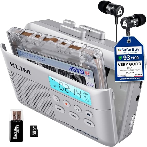 KLIM K7 Cassette Tape Player - Cassette to MP3 Converter - Portable - Built-in Microphone & Speaker - Rechargeable Battery - Earphones - 16GB SD Card - Silver