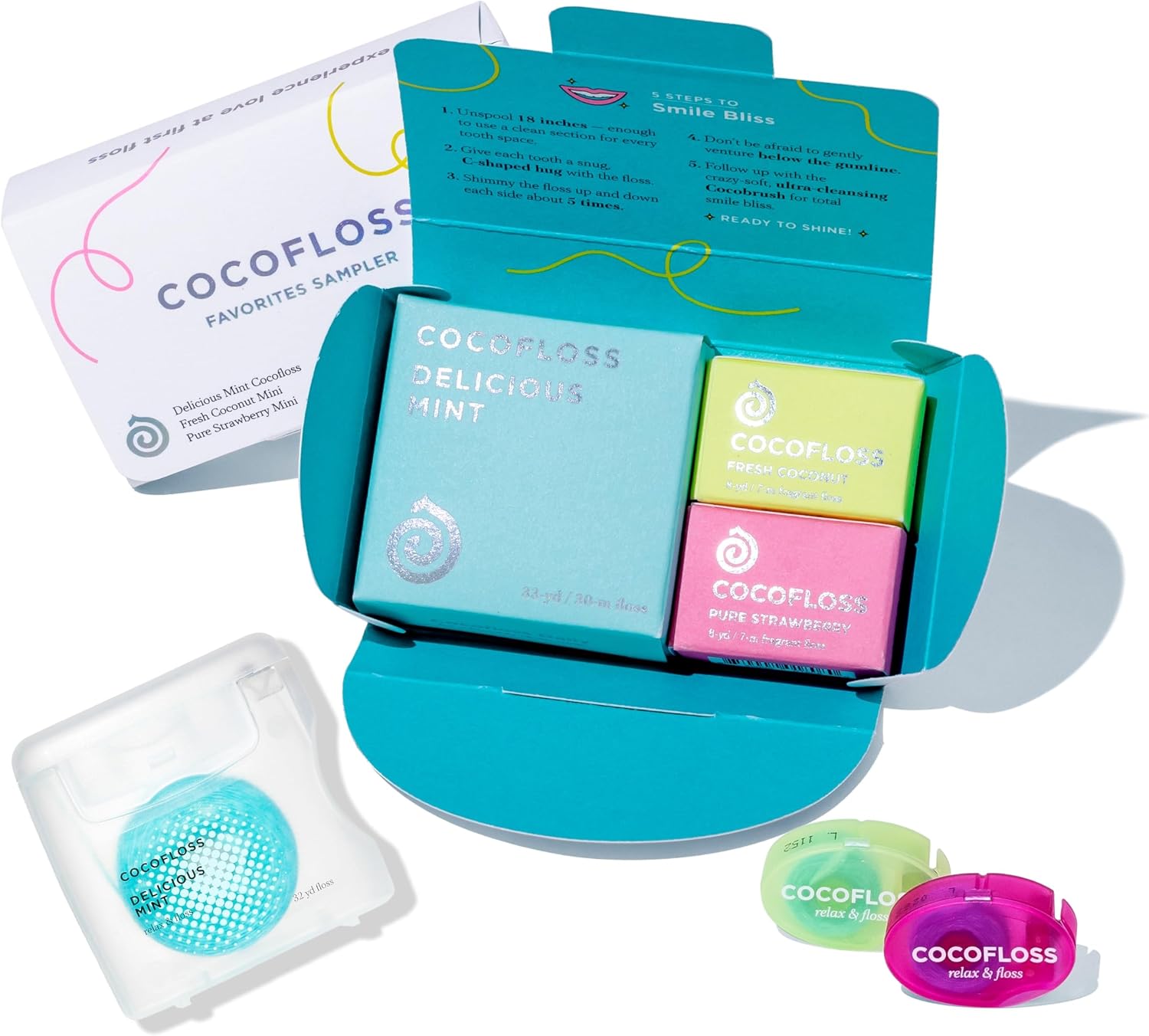 Cocofloss Woven Dental Floss, Favorites Sampler, Dentist-Designed Oral Care with Coconut Oil, Waxed, Vegan, Kid-Friendly, 1 Mint 33 yd, 2 Travel in Coconut, Strawberry 8 yd