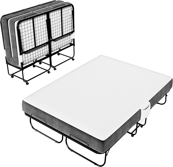 Full Size Folding Bed 75'' x 54'' with Memory Foam Mattress, Extra Wide Portable Rollaway Guest Beds for Adults, Foldable Bed with 360 Wheels, Space-Saving Design for Home, Office