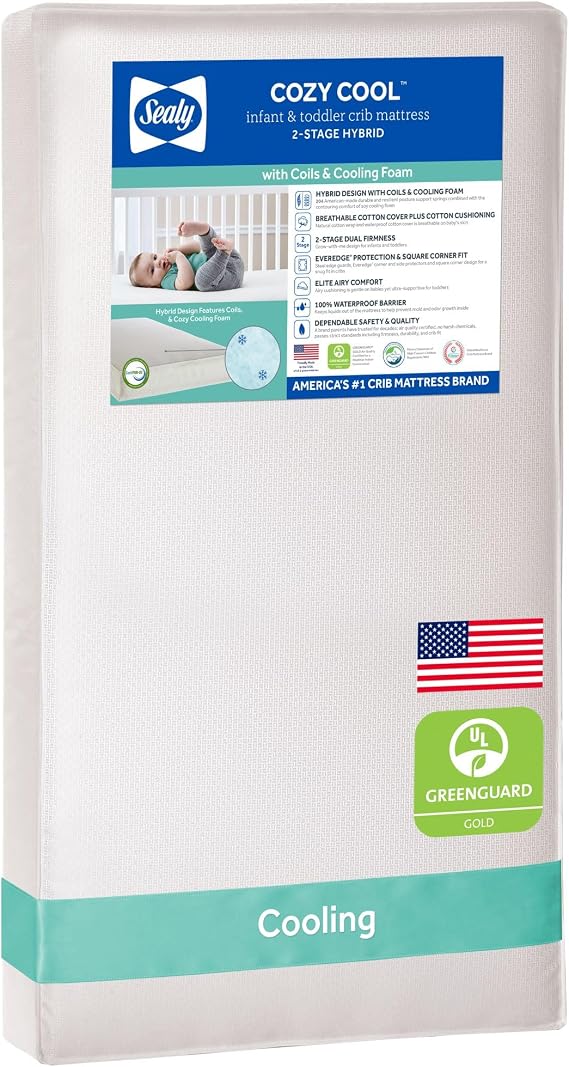 SEALY BABY Cozy Cool Hybrid Breathable Crib Mattress, GREENGUARD Gold Certified, Made in USA, Cooling Foam, 2 Stage, Toddler Bed Fit, 204 Coils & Cotton Cover, Safety & Quality Tested, 52x28