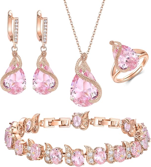 EVER FAITH Wedding Jewelry Set for Bride Bridesmaid, Glamour Teardrop Cubic Zirconia Pendant Necklace Earrings Tennis Bracelet Open Ring Sets for Birthday/Valentine's Day/Mother's Day/Christmas