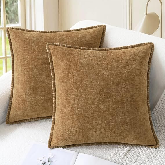CaliTime Decorative Couch Throw Pillow Covers 16 X 16 Inches Apricot Brown | Pack of 2, Cozy Chenille Cushion Cases, Cotton Thread Stitching Edges, for Sofa Bed Living Room Farmhouse
