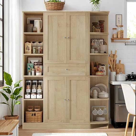 FACBOTALL 71" Tall Pantry Cabinet with Storage, 47'' Wide Freestanding Kitchen Cabinet with Doors & Shelves, Buffet Sideboard with Drawer, Cupboard for Kitchen, Dining Room, Utility Room, Light Oak