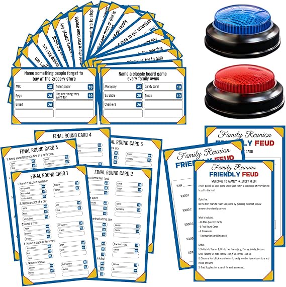 Family Feud Game for Adults and Kids with 2 Buzzers, Fun Trivia Quiz Card Game for Family Game Night, Holiday Gathering, Party & Team Building, Interactive Board Games for Group Activities
