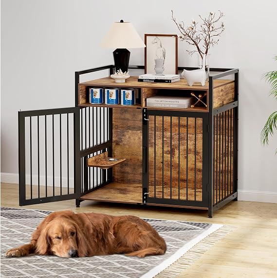 48 inch Large Dog Crate Furniture, Heavy Duty Wooden Dog Kennl with 2 Storage Drawers, 360 Adjustable Raised Feeder, Double Doors, Indoor Dog Crate for Large or Medium Dogs