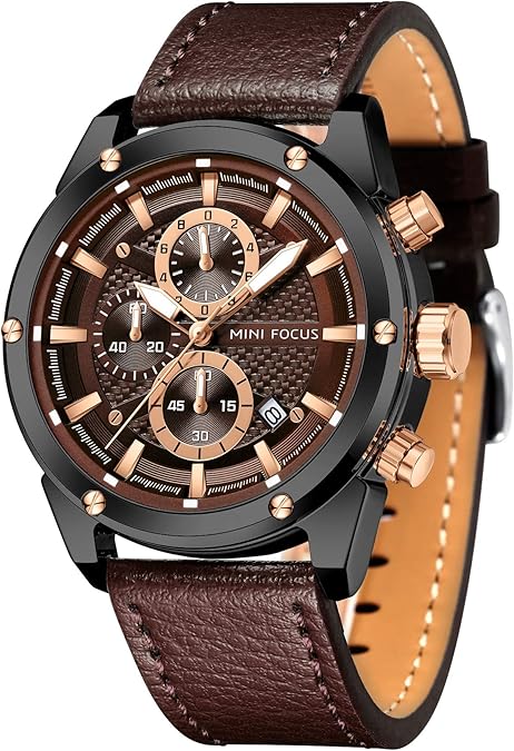 MF MINI FOCUS Men Watches Business Casual Wrist Watches (Multifunction/Waterproof/Luminous/Calendar) Genuine Leather Band Fashion Watch for Men