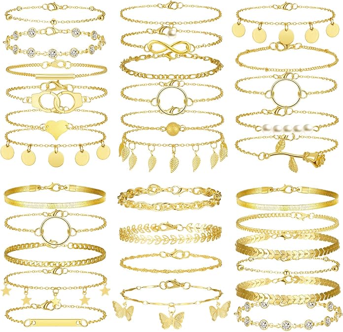 Henoyso 25 Pcs Gold Ankle Bracelets for Women Waterproof Cuban Link Chain Anklets Stackable Jewelry for Women Beach Gift