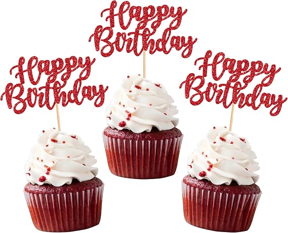 Pack of 24 Happy Birthday Cupcake Toppers Birthday Cake Decoration Glitter Happy Birthday Cake Decoration for Baby Shower Children Party Cake Decorations Red