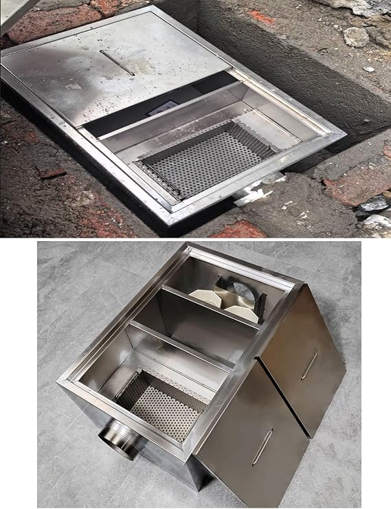 Commercial Grease Trap Interceptor, 304 Stainless Steel Grease Trap Under Sink Waste Fat Oil Water Separator Filter for Restaurant Kitchen 110mm Inlet(23.6x15.7x15.7in)