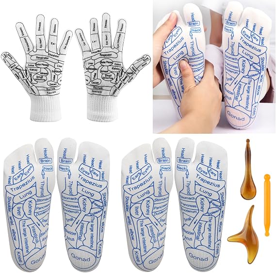Reflexology Socks with Massage Tool, Acupressure Socks with Gloves, 6 Pieces Massage Socks Kit, Reflexology Chart Socks for Fatigue, Stress and Pain Relief