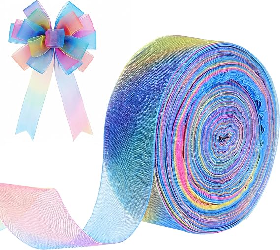 50 Yards Organza Satin Ribbon, Rainbow Ribbons, 1Inch Sheer Organza Ribbon