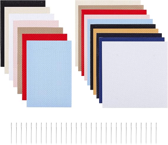 arricraft 17 Pcs Classic Reserve Aida Cloth with Needles30 Pcs, Cross Stitch Fabric for DIY Handmade Sewing Accessories Supplies (64 Inch, 66 Inch)