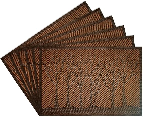 YOY 6 Pcs Kitchen PVC Placemats - Deluxe Heat Insulation Stain-Resistant Table Mat Protector Anti-skidding Dining Room Decor Jacquard Woven Plastic Vinyl Place Mat,Coffee