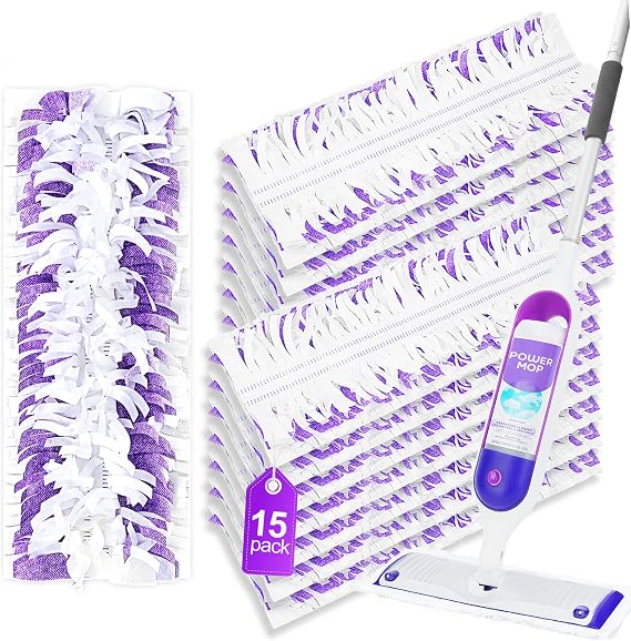 Disposable Power Mop Refills Compatible with Swiffer PowerMop Multi-Surface Mop Kit for Floor Cleaning, Replacement Power Mop Pads Refill for Wood Mopping, 15 Count