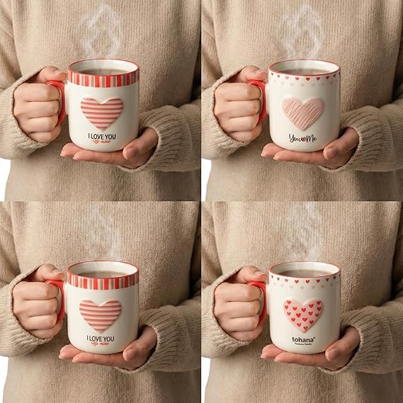 Deconox Kalp Kulplu ve Desenli Porselen Kupa - 4 Farklı Romantik Modelden Biri (Sürpriz/Asorti) - Sevgililer Günü ve Özel Gün Hediyesi Kahve Bardağı