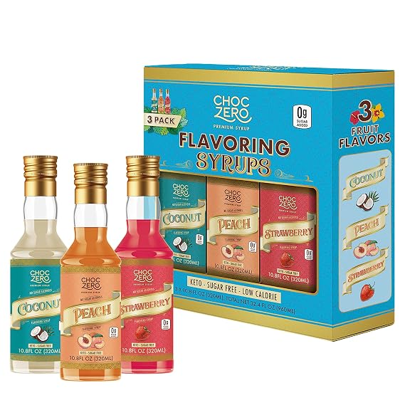 ChocZero Sugar Free Coffee Syrup Variety Pack, Coconut, Peach & Strawberry