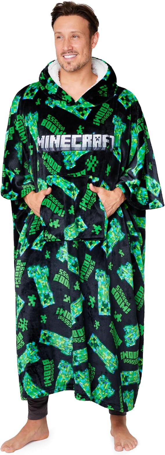 Minecraft Hoodie Blanket for Men and Teenagers - Cosy Oversized Fleece Hoodie One Size Sherpa Hood - Gifts for Men
