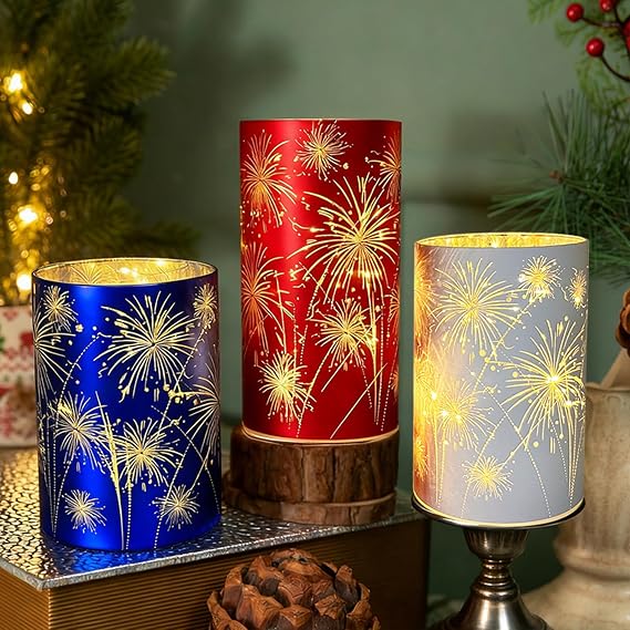 Set of 3 Celebration Hurricanes, Red White and Blue Firework Lanterns | Celebration Firework Lanterns, Etched Glass Firework Starburst Lights with Twinkling for Birthday Wedding Christmas Parties