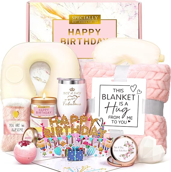 HSOEIXL Birthday Gifts for Women, Unique Spa Birthday Gift Basket with Blanket for Women - Happy Birthday Gifts for Her, Mom, Sister, Teacher, Girlfriend, Coworker, Wife, Bestie, BFF