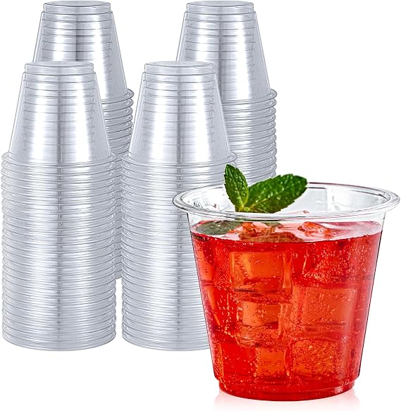 Turbo Bee 50 Pack 9 oz Clear Plastic Cups, Drinking Cups Disposable, Punch Plastic Party Cup for Wine, Juice, Iced Coffee and Cold Beverage