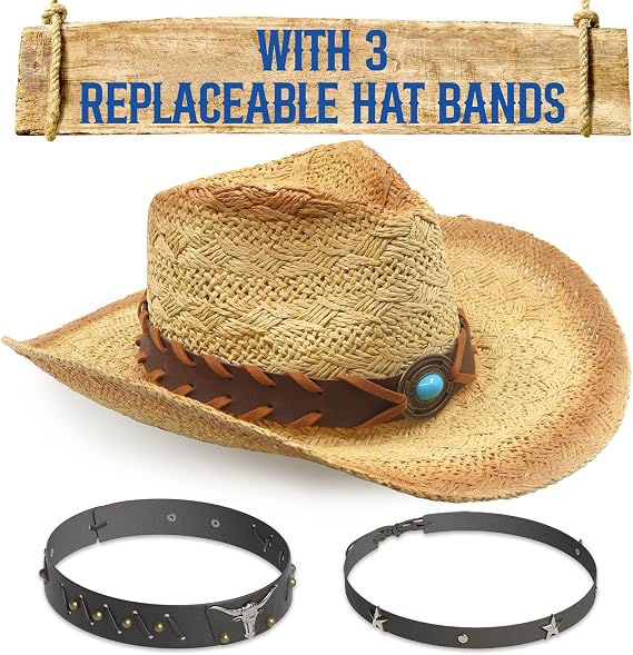 Funcredible Straw Cowboy Hat for Women - Straw Cowgirl Hat - Vintage Cowboy Hat with 3 Replaceable Hat Bands