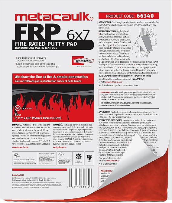 Rectorseal Metacaulk Firestop Putty Pads 66340, Easy Application, Firestop, 6"X7"