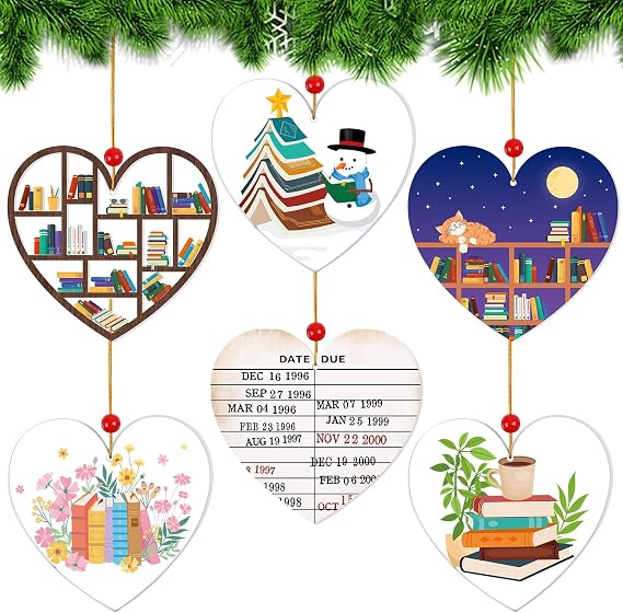 DECYOOL 6 Pcs Bookshelf Ornaments, Book Lover Ornaments Aryclic Book Christmas Hanging Signs Book Club Gifts for Coworker Teachers Book Lovers Librarians