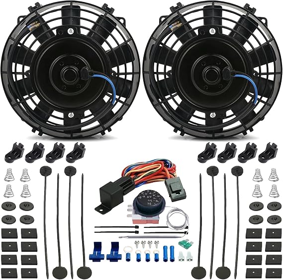 Dual Reversible 12V Electric Engine Radiator Cooling Fan & Adjustable Thermostat Switch Kit (6" Inch)