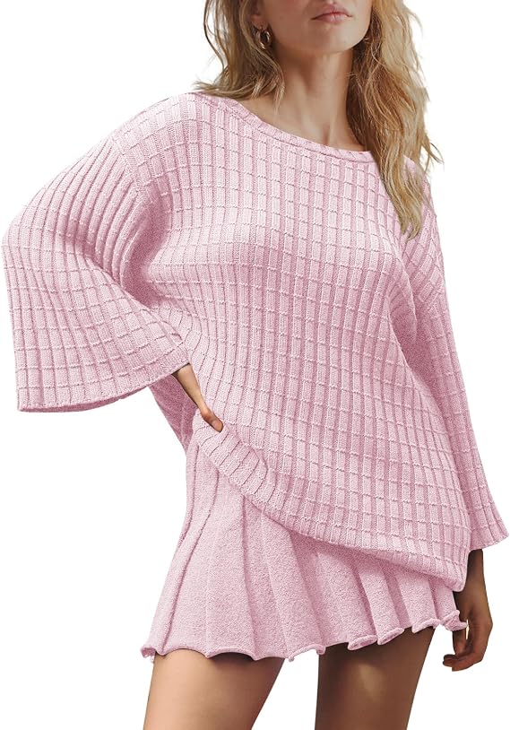 LAMISSCHE Womens Lounge Set Oversized 2 Piece Sweater Skirt Sets Long Sleeve Knit Top Pleated Skirts