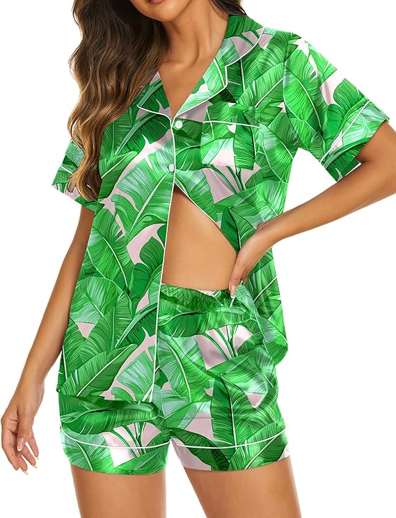 Ekouaer Womens Pajamas Silk Satin Short Sleeve Button Down Pjs Shorts Set | Silky Soft,Notch Collar,2 Piece Set for Sleep,Lounge,Bridal,Bridesmaid,Vacation,Postpartum,Travel,Gift