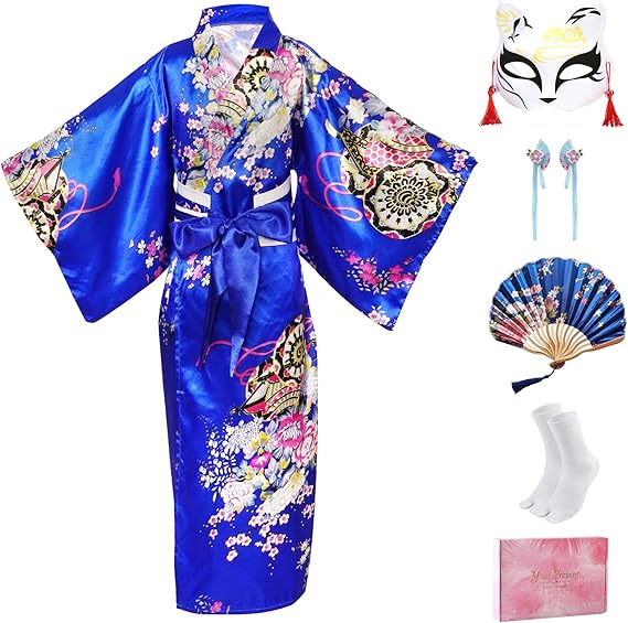 Japanese Kimono Anime Costumes for Kids 5pcs L(150cm) Royal Blue | Anime Costumes,Kimono Costume,Japanese Costume for Girls Anime Cosplay Dress,Including Mask,Paper Fan,Hair Clips,Socks
