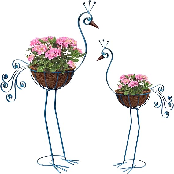 COOZZYHOUR Metal Peacock Planter with Fiber Basket -Garden Bird Planters for Outdoor Indoor Lawn,Yard,Porch,Patio, Garden Decorations(Set of 2)