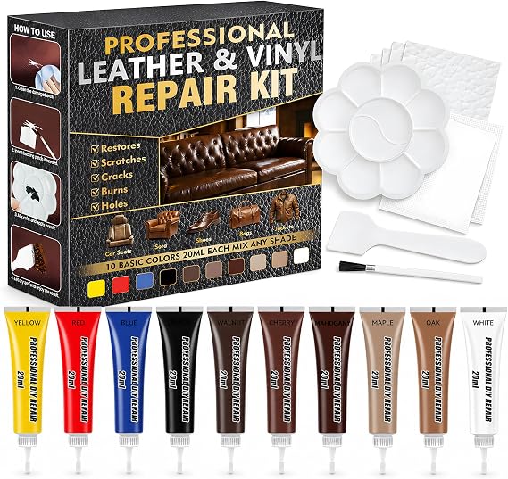 Car Leather Repair Kit, Leather & Vinyl Repair Kit,10 Colors, Ideal for Car Seats and Furniture, Sofa, Jacket, Shoes, Purse, Professional Repair Scratch, Tear, Hole, Peeling