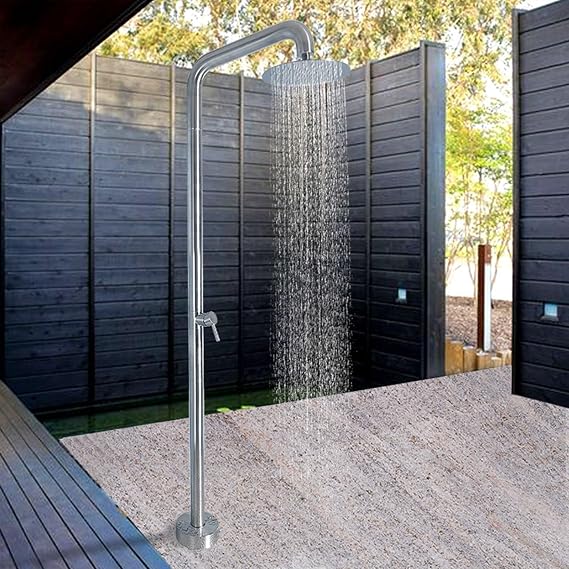 Freestanding Outdoor Shower Column with 10 Inch Rain Shower Head, Stainless Steel, Hot Cold Mixing Floor Mount Outside Poolside Shower for Backyard Garden Beach Spa