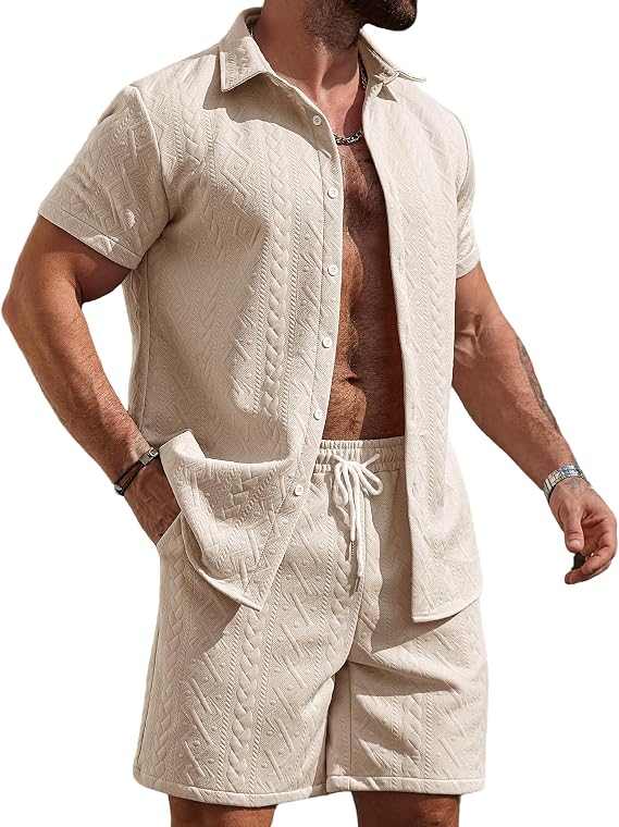 BAPHITY Men's 2 Piece Short Sleeve Shirt & Shorts, Summer Matching Set