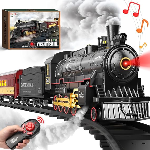 Hot Bee RC Train Set for Kids, Steam Locomotive, Light-Up Cars and Tracks