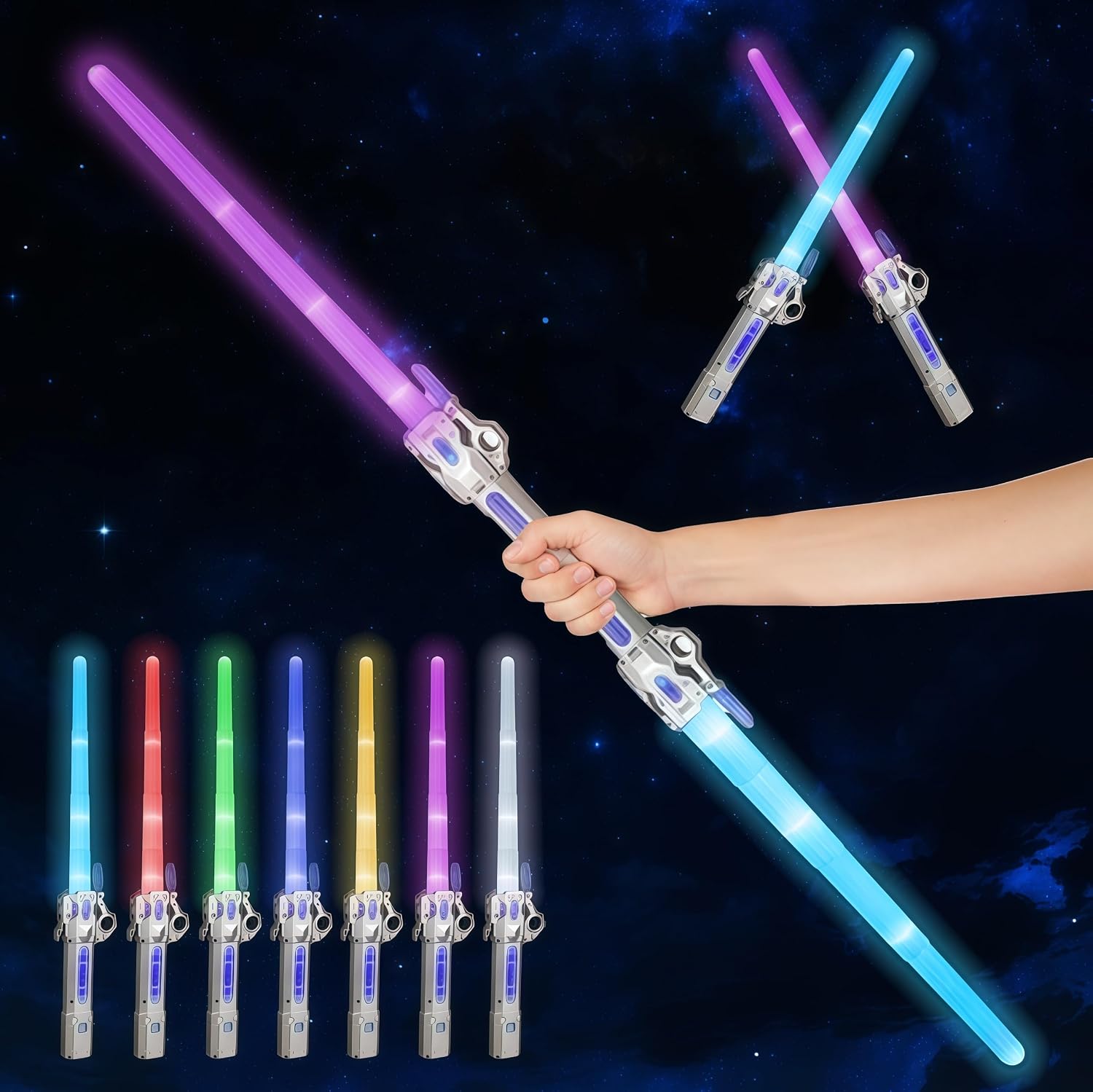 Rechargeable Lightsaber,2 Pack 7 Colors LED Changing Light Saber with Realistic FX Sounds,Retractable Extendable Lightsabers for Halloween Cosplay, Fancy Dress Parties, New Year & Xmas Gift Silver