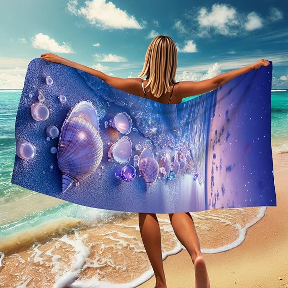 Ocean Blue Seashell Microfiber Beach Towel Stunning Marine Style Quick Dry Absorbent Sand Free Lightweight Travel Essentials 62x31 Inch